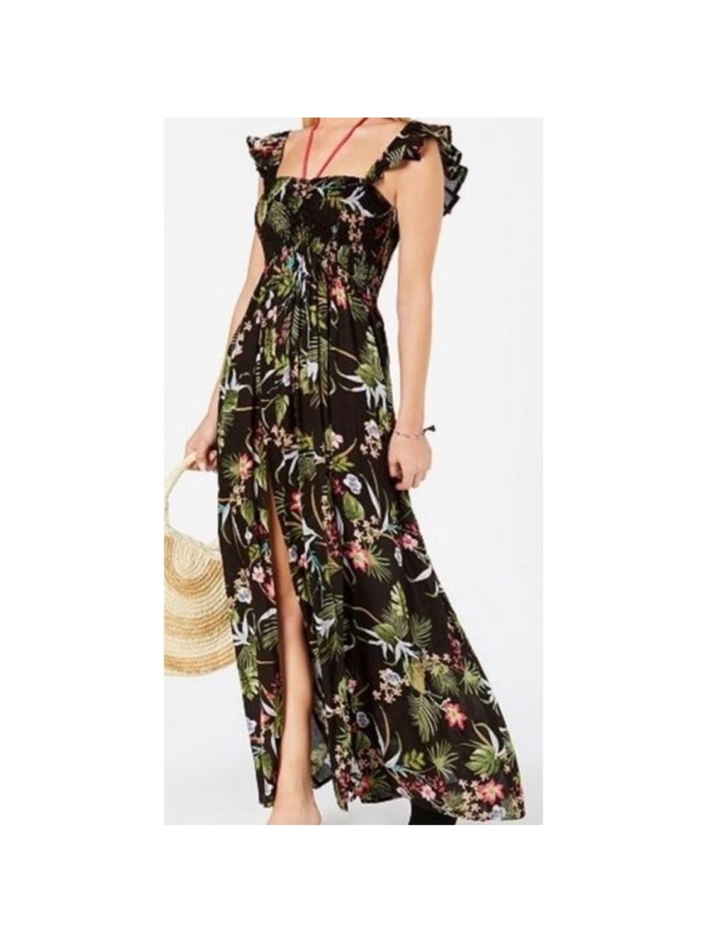 Raviya Black Tropical Floral Maxi Dress with Ruffled Straps